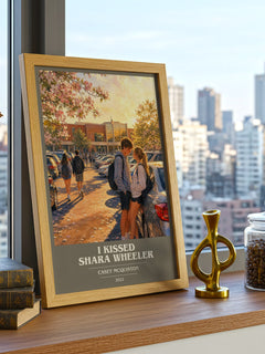 I Kissed Shara Wheeler book cover print framed by window – literary home decor