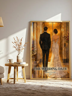 The Wedding Date watercolour print in frame leaning in hallway – romance wall art