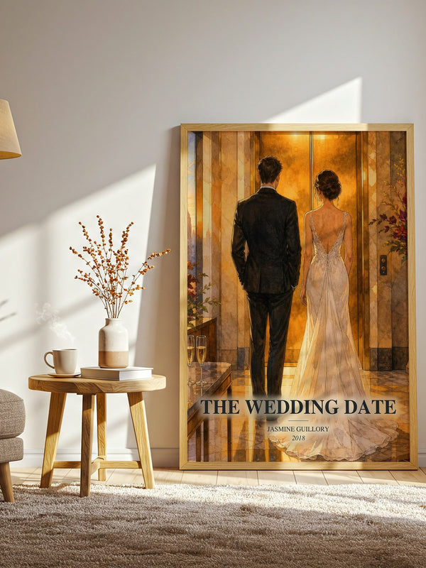 The Wedding Date watercolour print in frame leaning in hallway – romance wall art