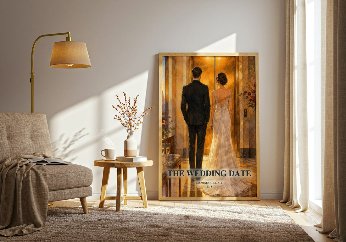 The Wedding Date watercolour print in frame leaning in hallway – romance wall art (mockup)