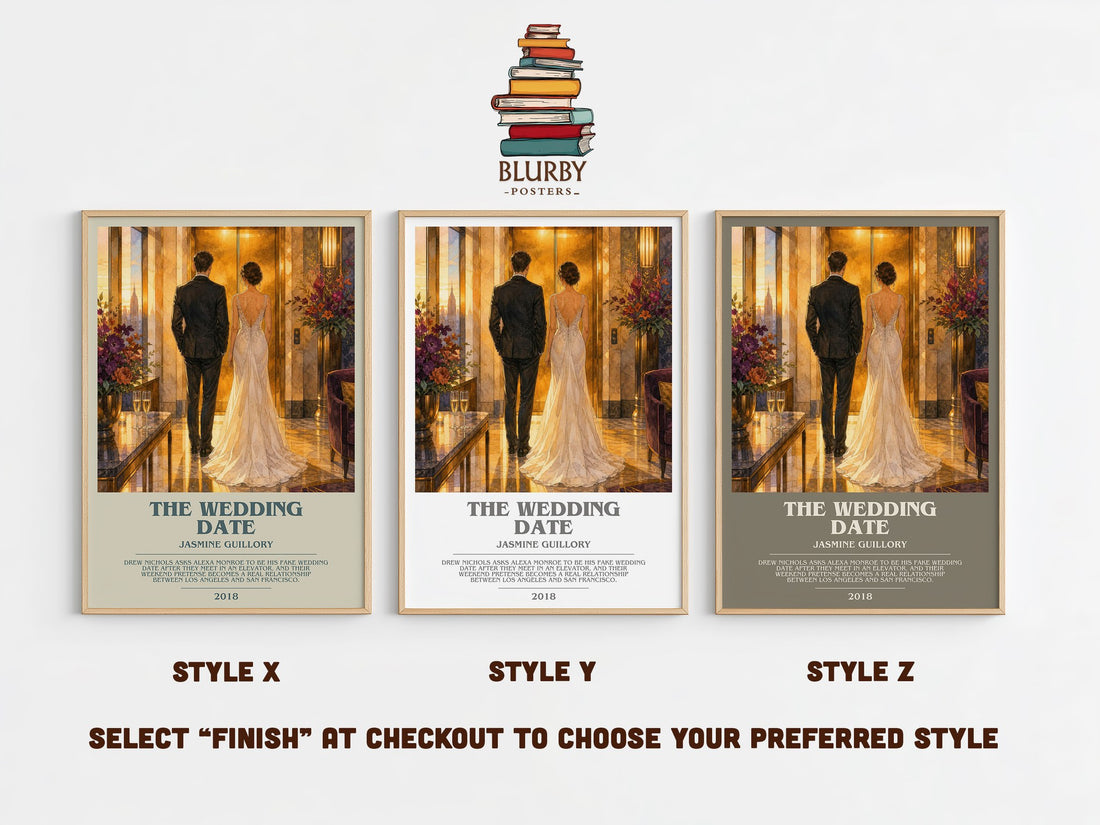 The Wedding Date bookish print in frame leaning in hallway – romance wall art (mockup)