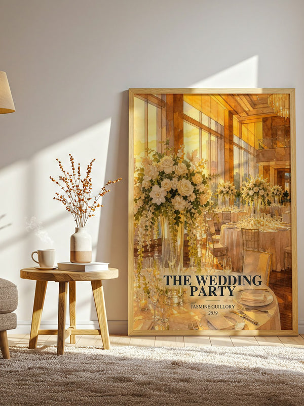 The Wedding Party watercolour print in frame leaning in hallway – romance wall art