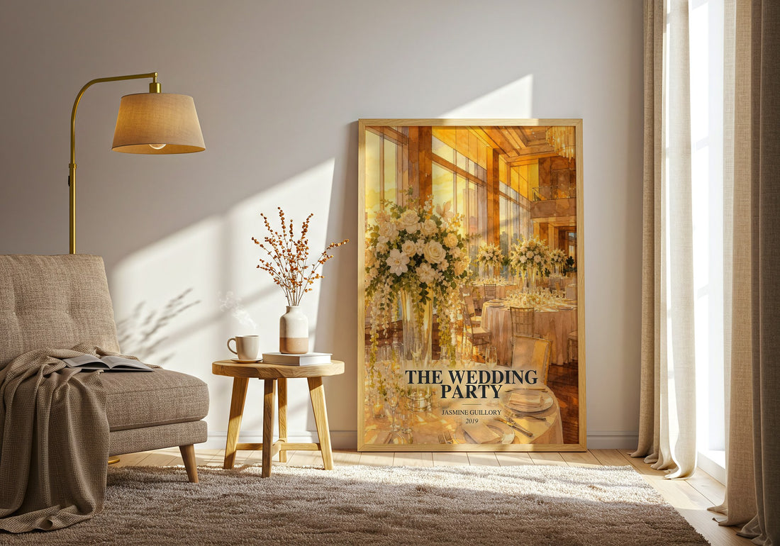 The Wedding Party watercolour print in frame leaning in hallway – romance wall art (mockup)