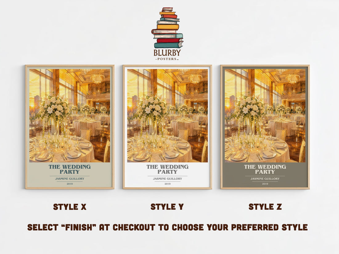 The Wedding Party book cover print in frame leaning in hallway – romance wall art (mockup)
