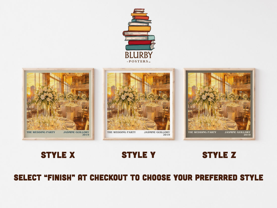 The Wedding Party literary print in frame leaning in hallway – romance wall art (mockup)