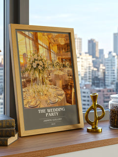 The Wedding Party book cover print framed by window – literary home decor