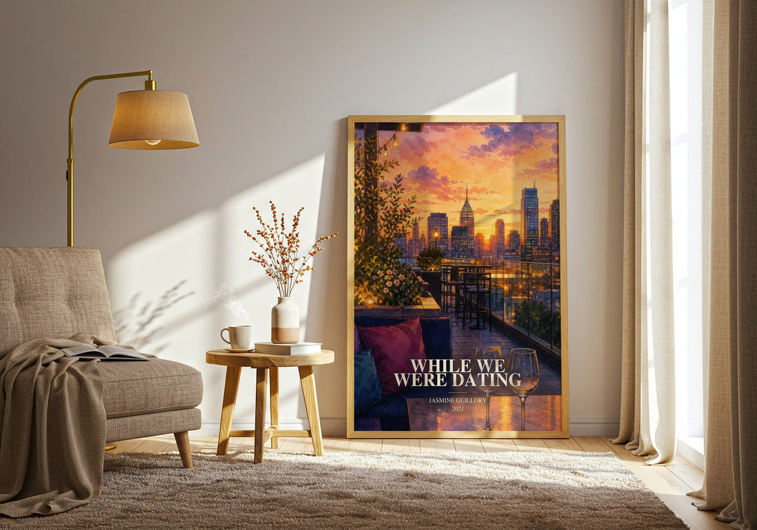 While We Were Dating watercolour print in frame leaning in hallway – romance wall art (mockup)