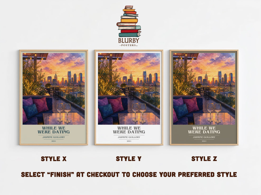 While We Were Dating book cover print in frame leaning in hallway – romance wall art (mockup)