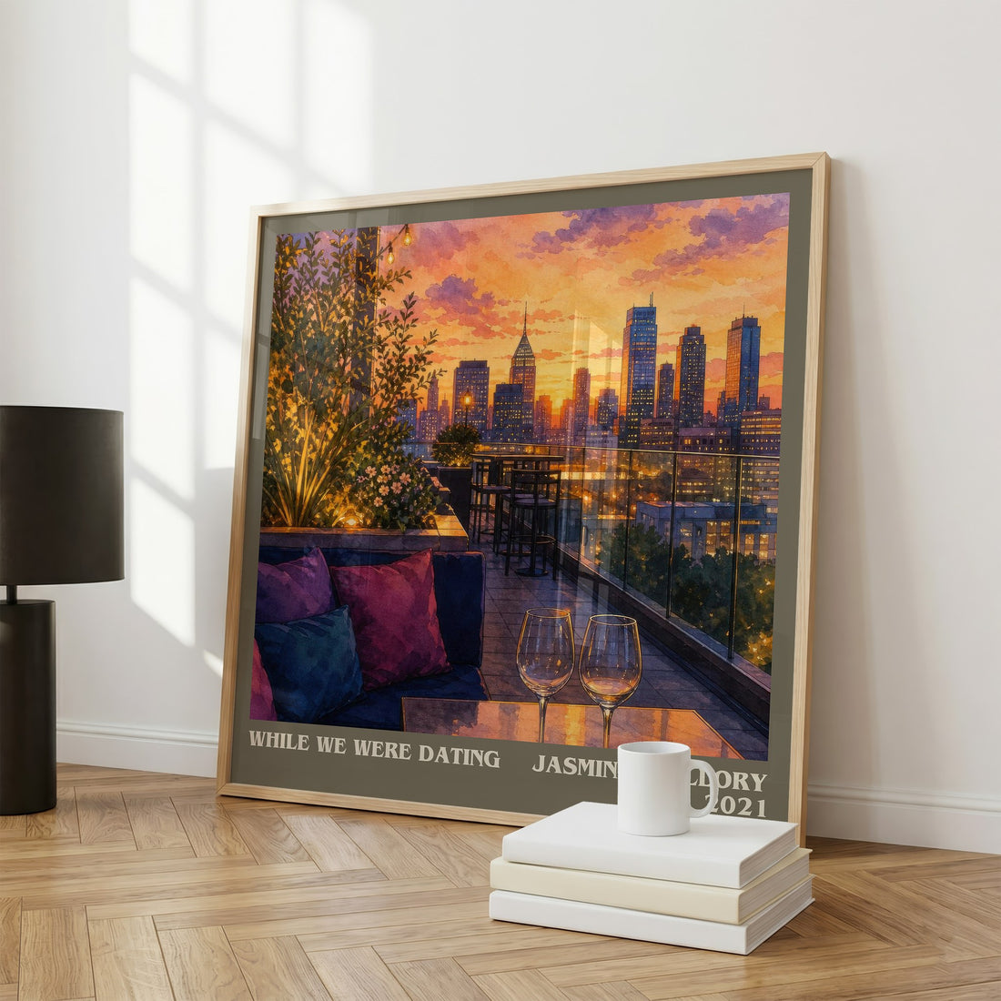 While We Were Dating Literary Art Print by Jasmine Guillory – large square framed print leaning against a wall
