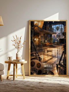 Reel watercolour print in frame leaning in hallway – contemporary fiction wall art