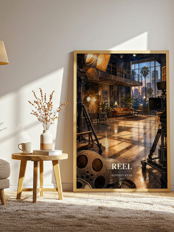 Reel watercolour print in frame leaning in hallway – contemporary fiction wall art