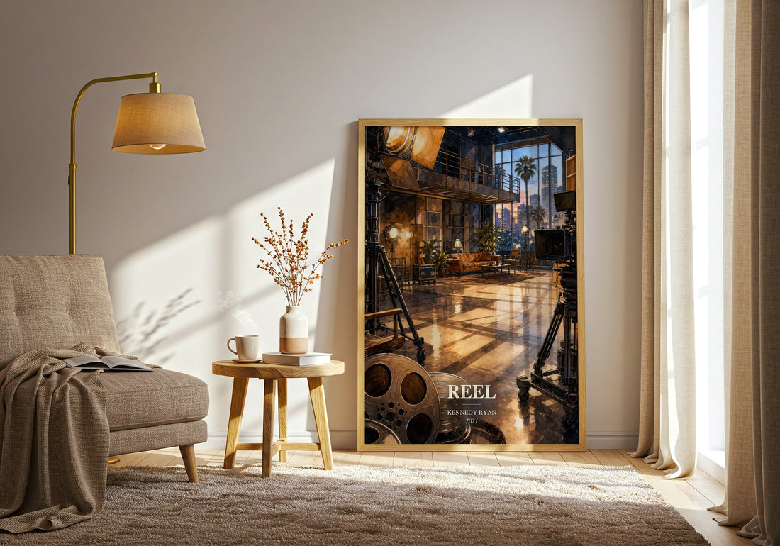 Reel watercolour print in frame leaning in hallway – contemporary fiction wall art (mockup)