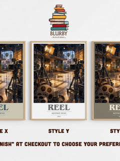 Reel book cover print in frame leaning in hallway – contemporary fiction wall art