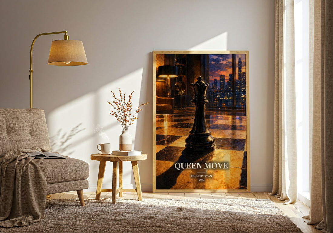 Queen Move watercolour print in frame leaning in hallway – romance wall art (mockup)