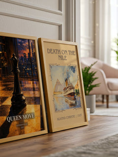 Queen Move watercolour print framed by window – literary home decor