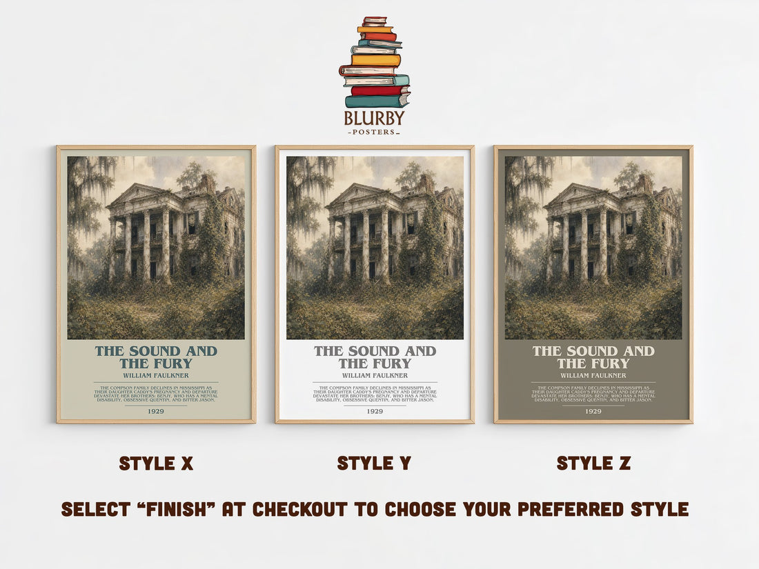 The Sound and the Fury bookish print in frame leaning in hallway – literary fiction wall art (mockup)