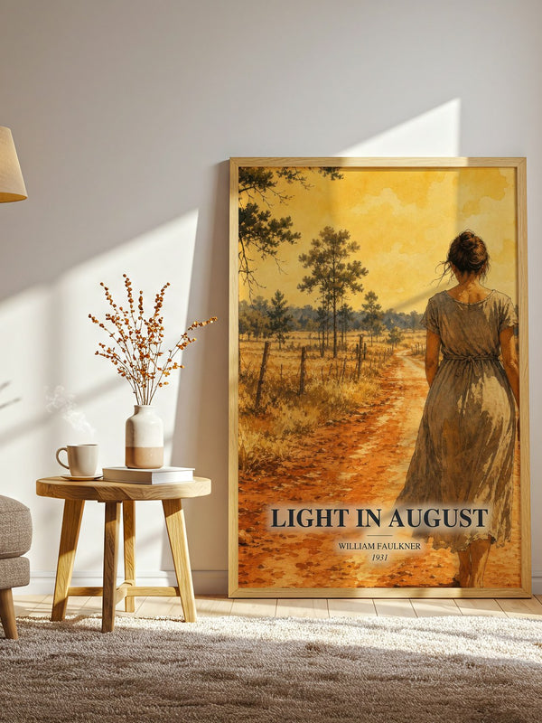 Light in August watercolour print in frame leaning in hallway – literary fiction wall art