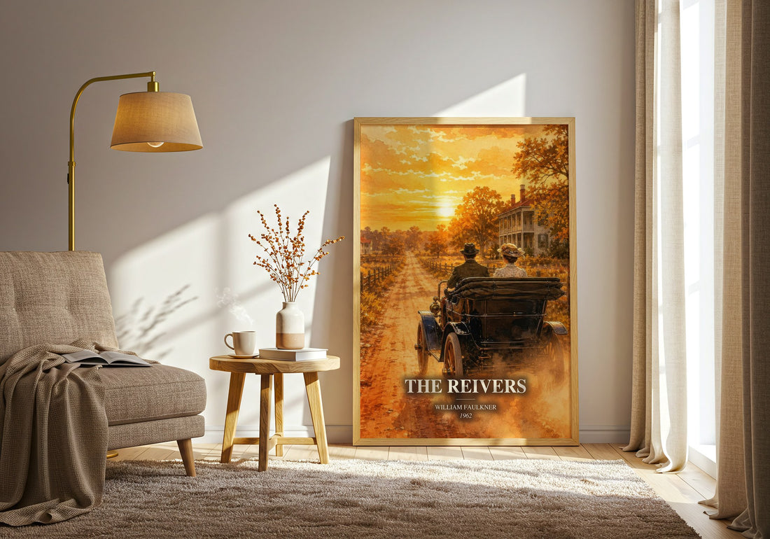 The Reivers watercolour print in frame leaning in hallway – literary fiction wall art (mockup)