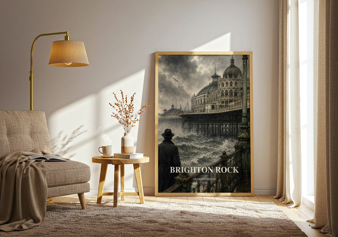 Brighton Rock watercolour print in frame leaning in hallway – crime wall art (mockup)