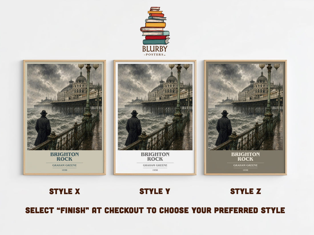 Brighton Rock book cover print in frame leaning in hallway – crime wall art (mockup)