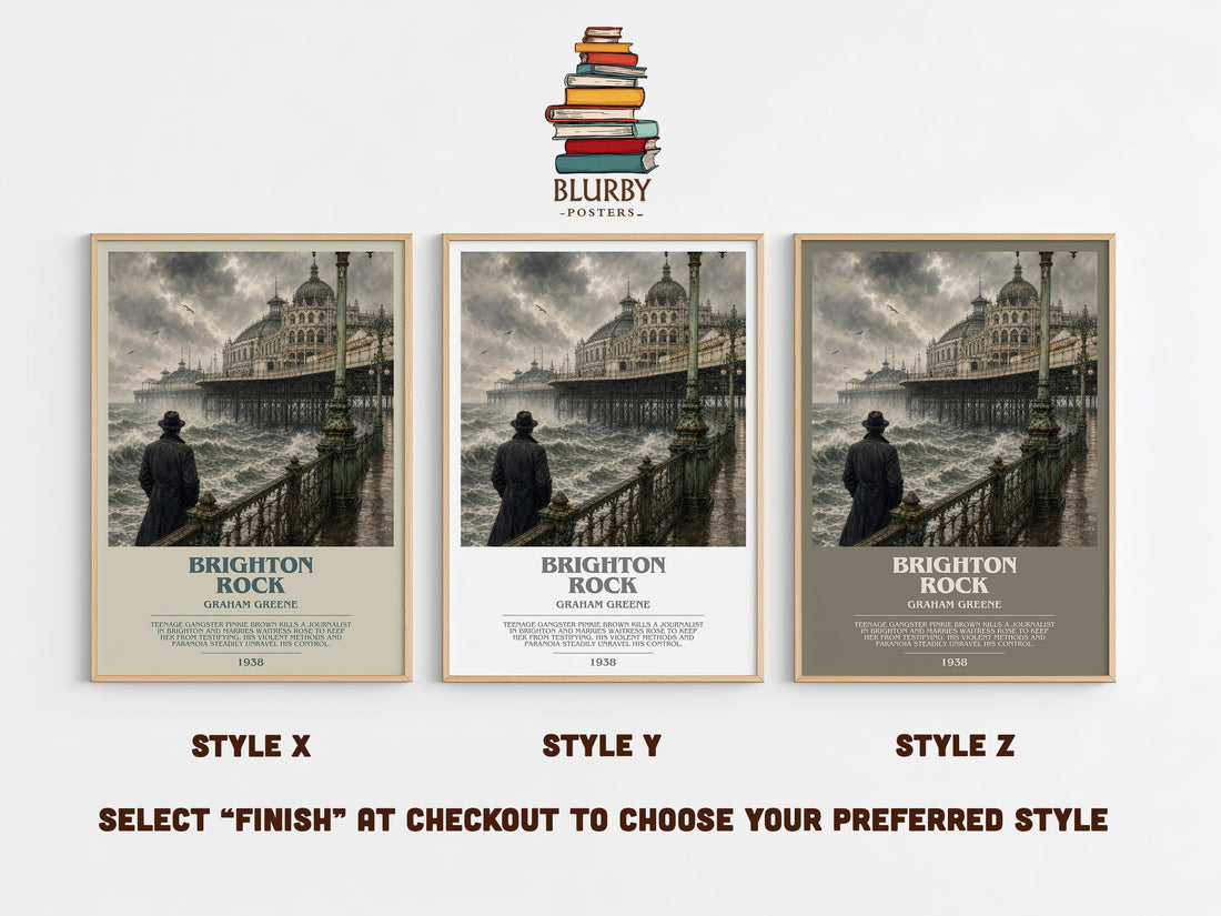 Brighton Rock bookish print in frame leaning in hallway – crime wall art (mockup)