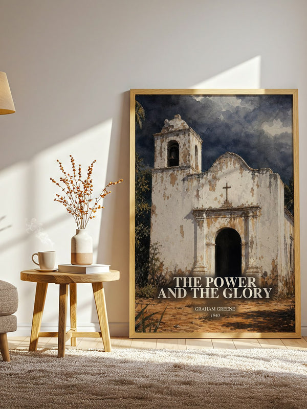 The Power and the Glory watercolour print in frame leaning in hallway – literary fiction wall art