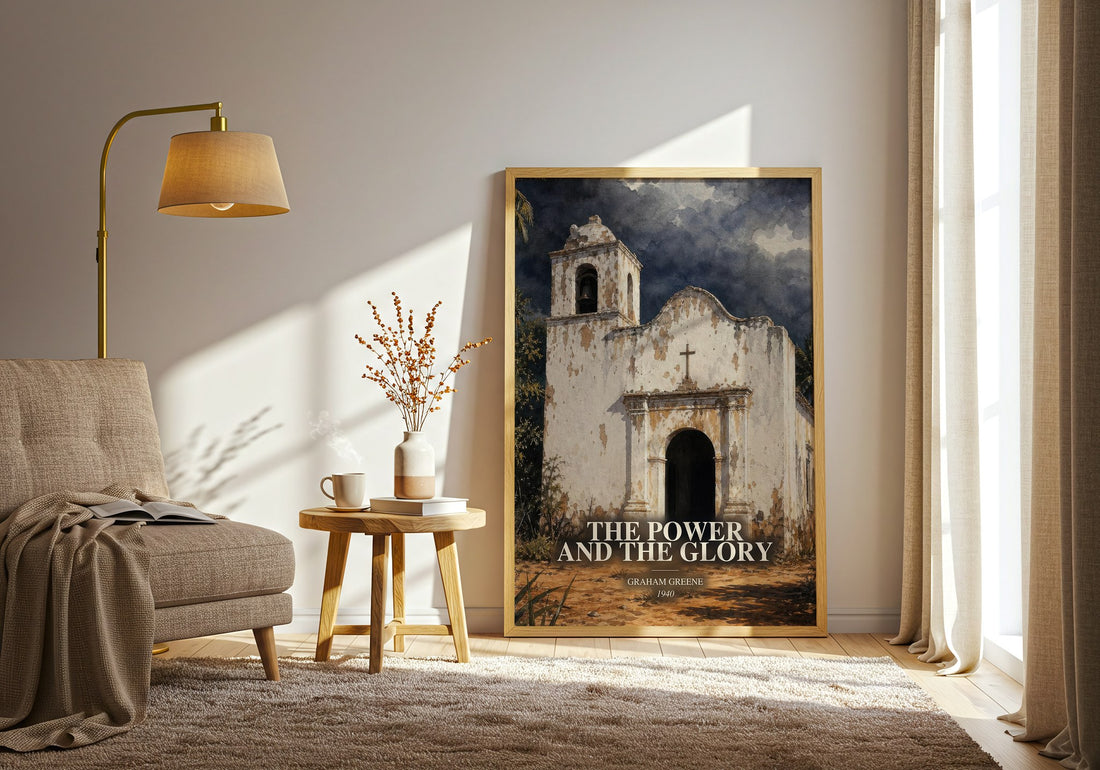 The Power and the Glory watercolour print in frame leaning in hallway – literary fiction wall art (mockup)