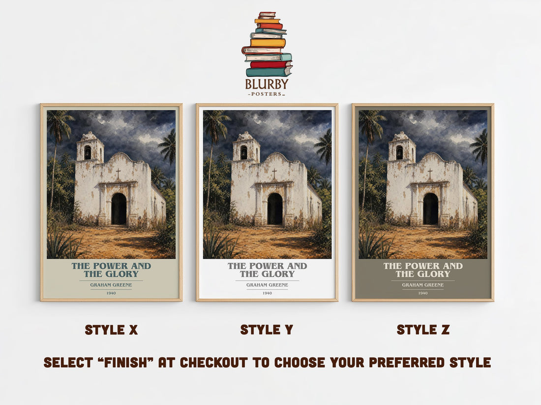 The Power and the Glory book cover print in frame leaning in hallway – literary fiction wall art (mockup)