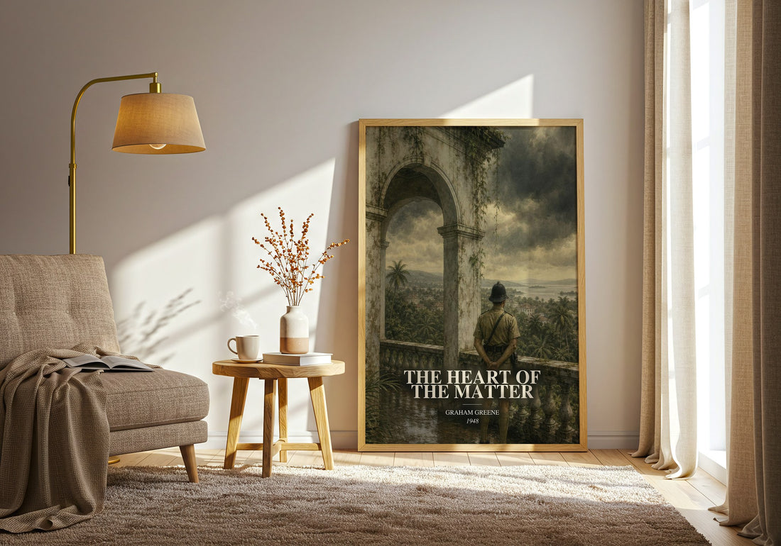 The Heart of the Matter watercolour print in frame leaning in hallway – literary fiction wall art (mockup)