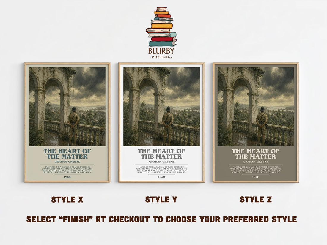 The Heart of the Matter bookish print in frame leaning in hallway – literary fiction wall art (mockup)