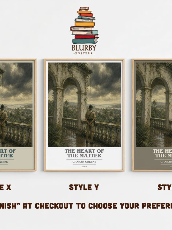 The Heart of the Matter book cover print in frame leaning in hallway – literary fiction wall art