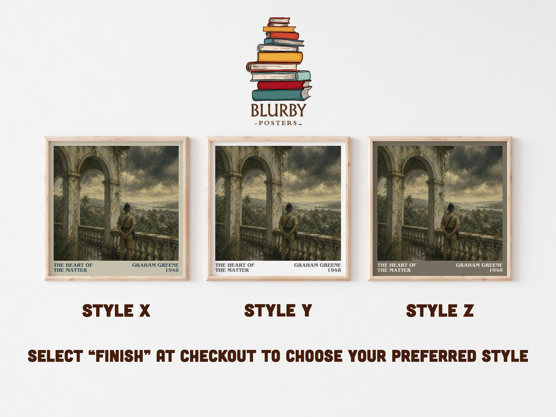The Heart of the Matter literary print in frame leaning in hallway – literary fiction wall art (mockup)