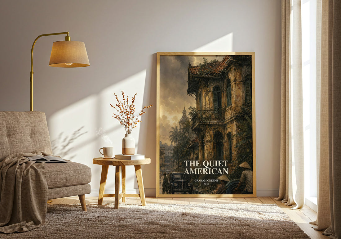 The Quiet American watercolour print in frame leaning in hallway – literary fiction wall art (mockup)