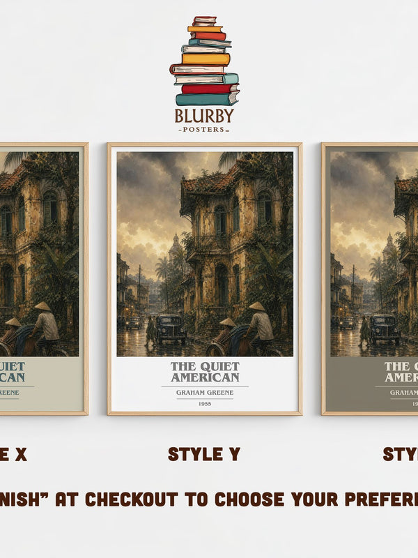 The Quiet American book cover print in frame leaning in hallway – literary fiction wall art