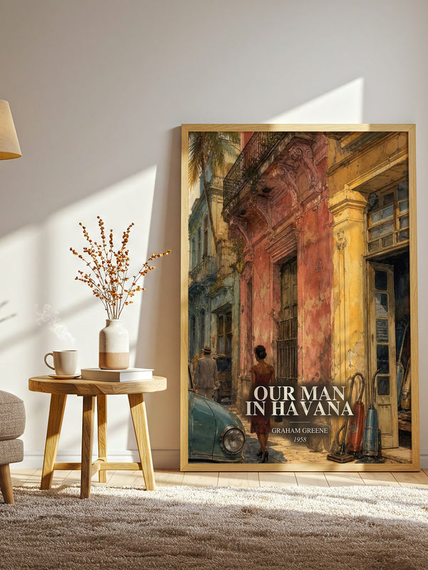 Our Man in Havana watercolour print in frame leaning in hallway – satire wall art