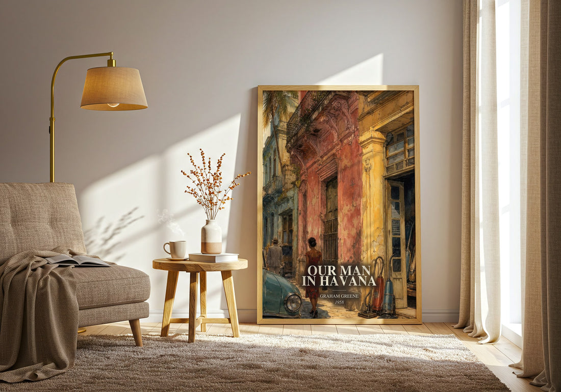 Our Man in Havana watercolour print in frame leaning in hallway – satire wall art (mockup)