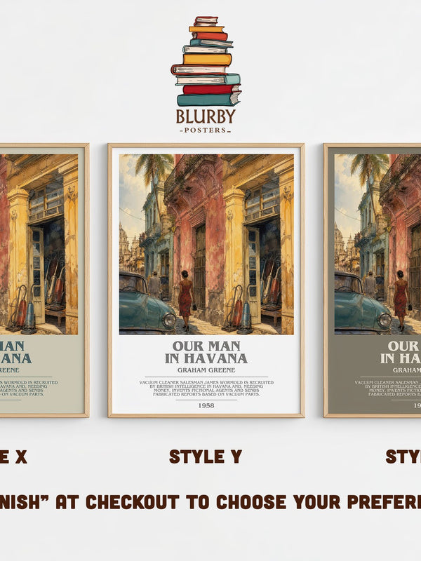 Our Man in Havana bookish print in frame leaning in hallway – satire wall art