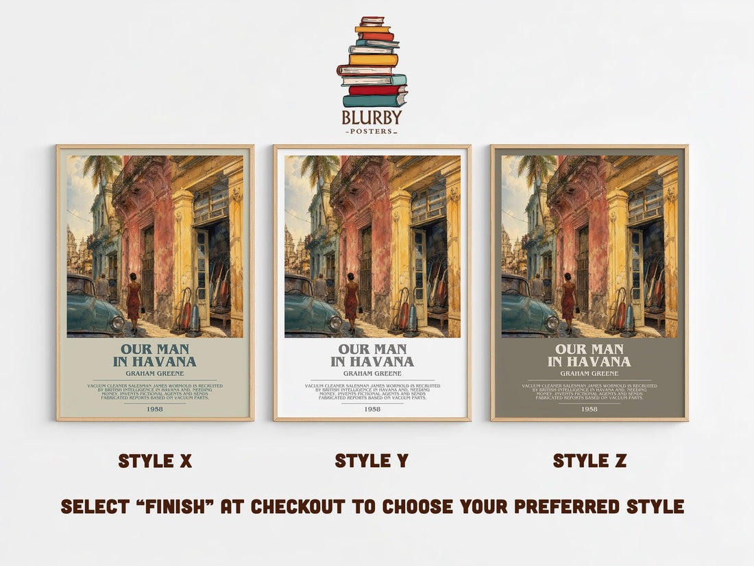 Our Man in Havana bookish print in frame leaning in hallway – satire wall art (mockup)