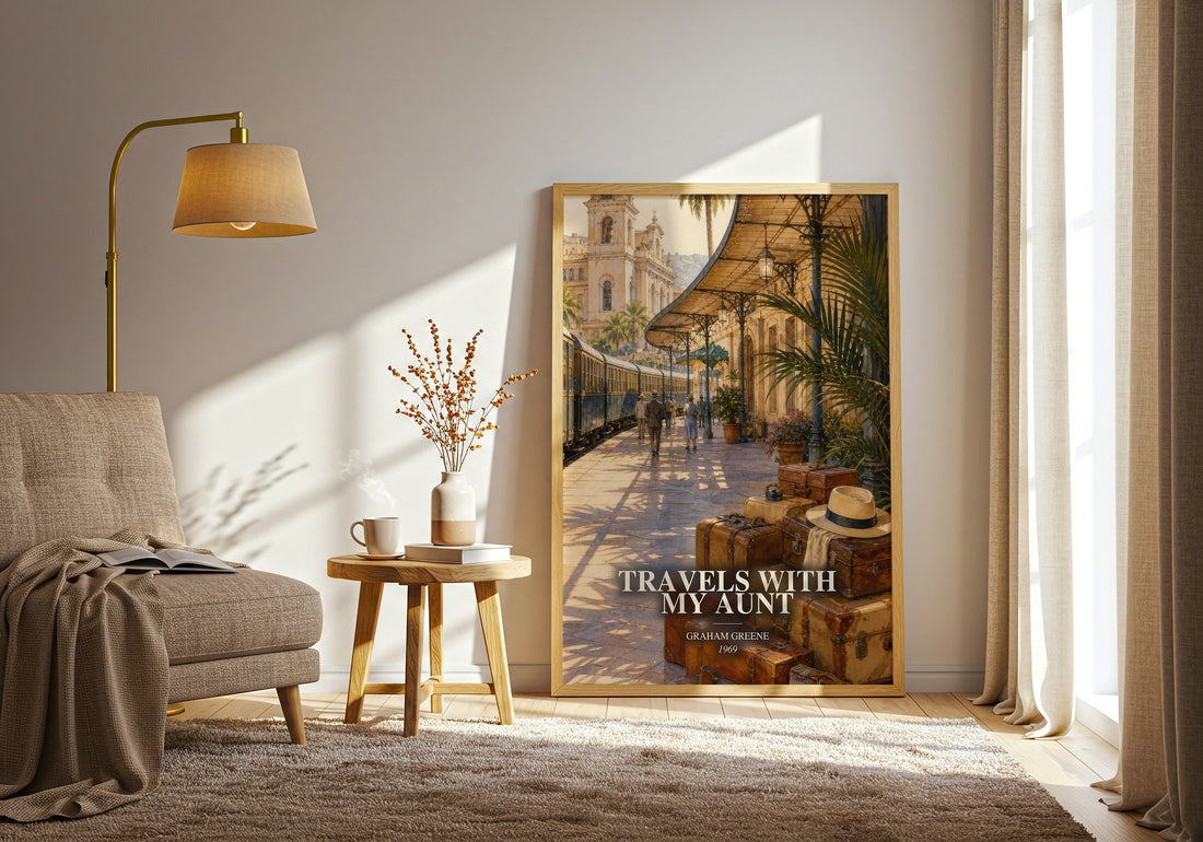 Travels with My Aunt watercolour print in frame leaning in hallway – literary fiction wall art (mockup)