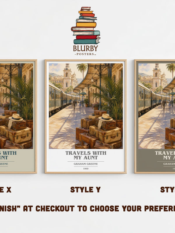 Travels with My Aunt book cover print in frame leaning in hallway – literary fiction wall art