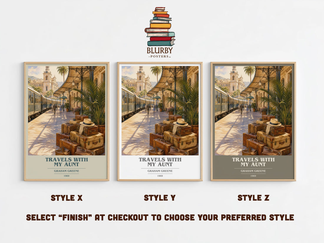 Travels with My Aunt book cover print in frame leaning in hallway – literary fiction wall art (mockup)