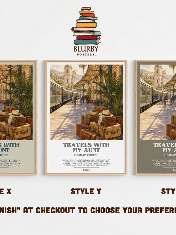Travels with My Aunt bookish print in frame leaning in hallway – literary fiction wall art