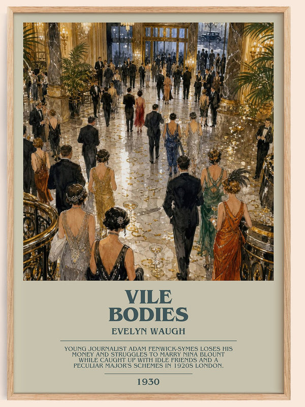 Vile Bodies bookish book poster by Evelyn Waugh – framed literary art print