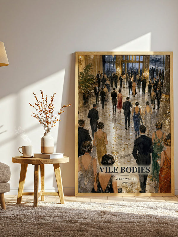 Vile Bodies watercolour print in frame leaning in hallway – satire wall art