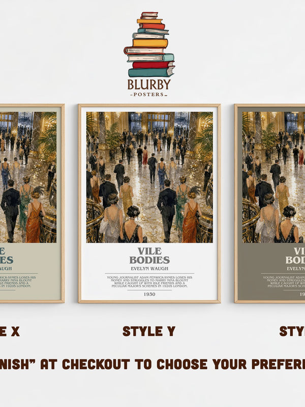 Vile Bodies bookish print in frame leaning in hallway – satire wall art