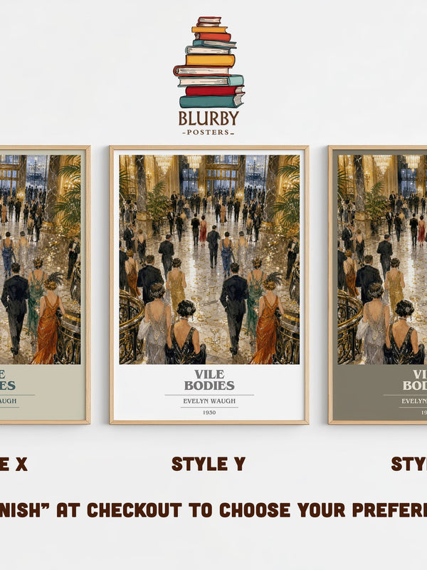 Vile Bodies book cover print in frame leaning in hallway – satire wall art
