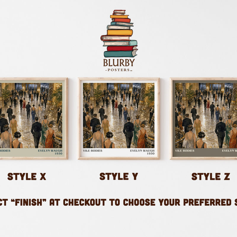 Vile Bodies literary print in frame leaning in hallway – satire wall art