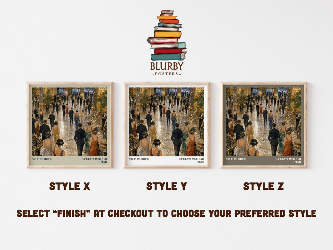 Vile Bodies literary print in frame leaning in hallway – satire wall art (mockup)
