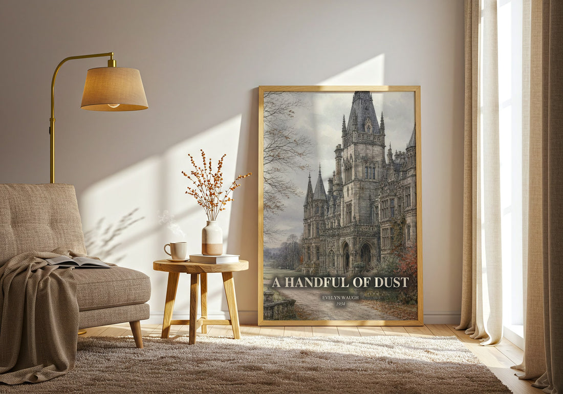 A Handful of Dust watercolour print in frame leaning in hallway – satire wall art (mockup)