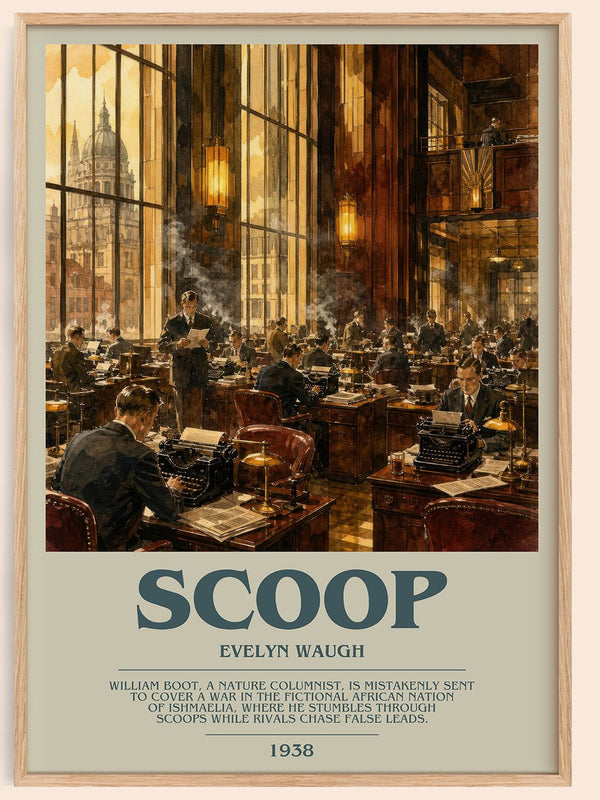 Scoop bookish book poster by Evelyn Waugh – framed literary art print